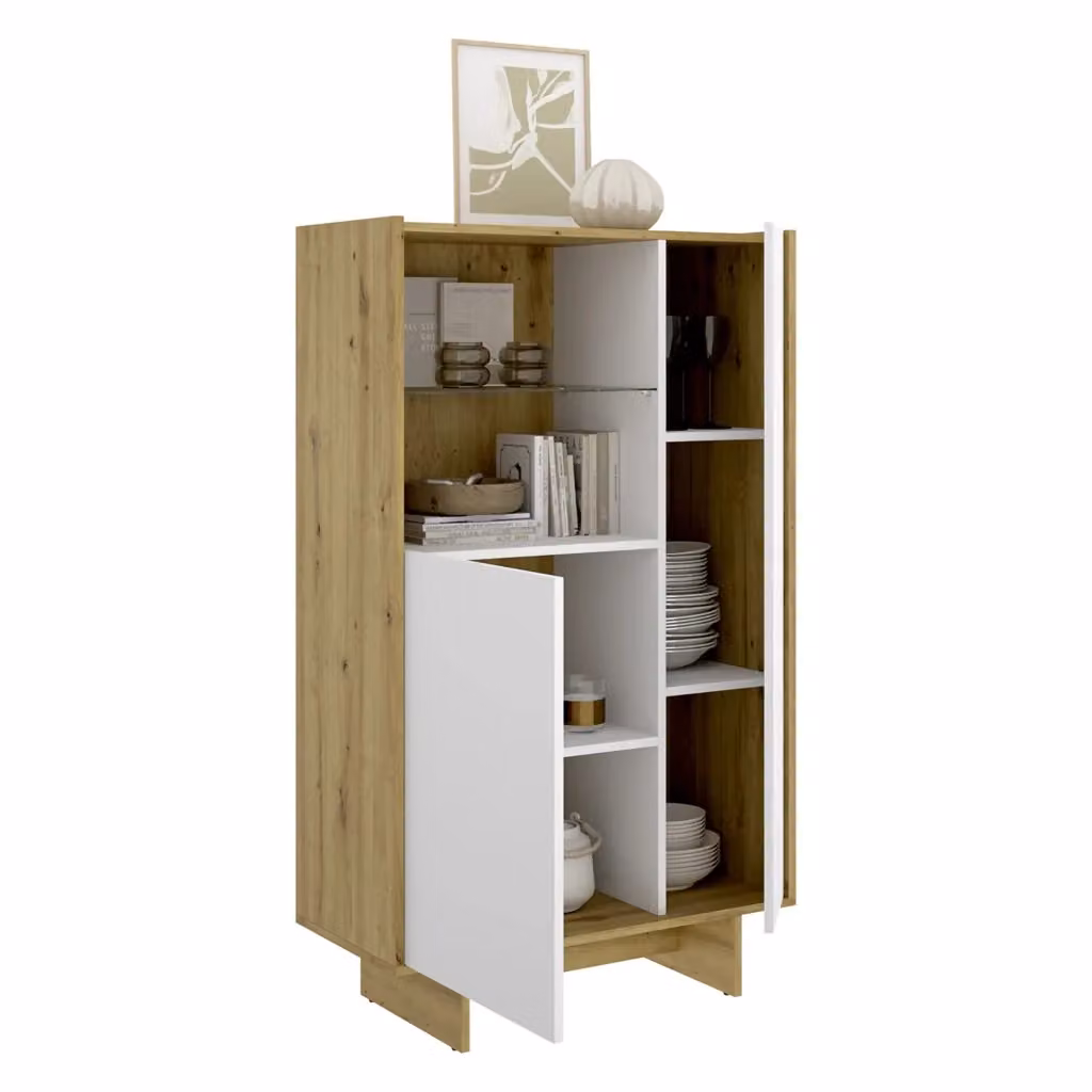 Madia DMORA Edgewood, Credenza moderna in bianco e marrone con ripiani in vetro e MDF, L: 81 cm, P: 30 cm, H: 138 cm – 2