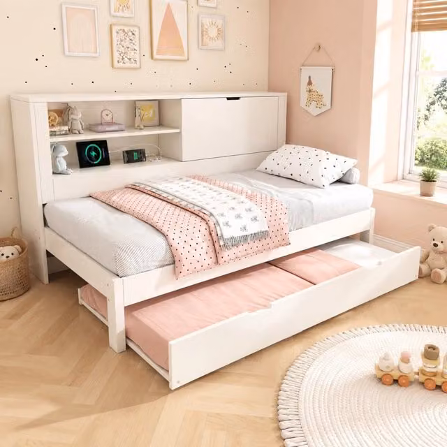 Divano letto 90x200 cm con letto estraibile 90x190 cm; vano contenitore e USB/USB-C; bianco