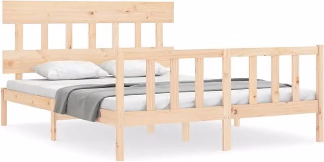 Letto matrimoniale in legno massello di pino naturale stile rustico con doghe piatte L/P/H: 165.5 x 160 x 205.5 cm
