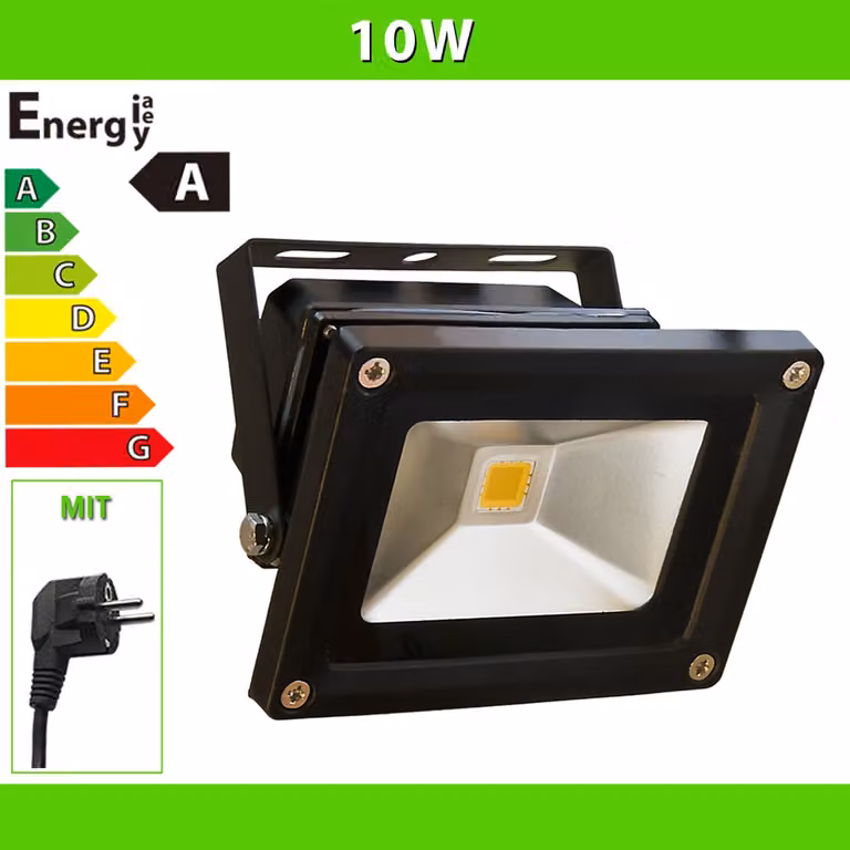 LEDVero® Proiettore LED 10 watt Faretto da costruzione con spina di rete - nero - BIANCO FREDDO