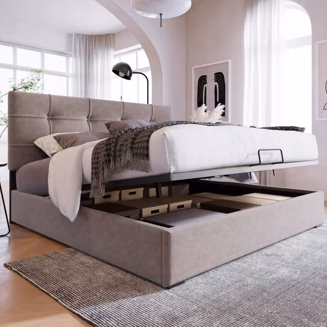 Letto imbottito - Xylo - 140x200 - Grigio chiaro - Stelaio sollevabile
