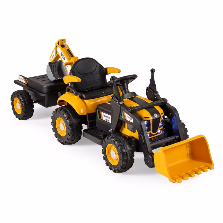 Veicolo da costruzione elettrico Costway 12V 4-in-1 con rimorchio, scavatore, trattore e bulldozer per bambini, Giallo