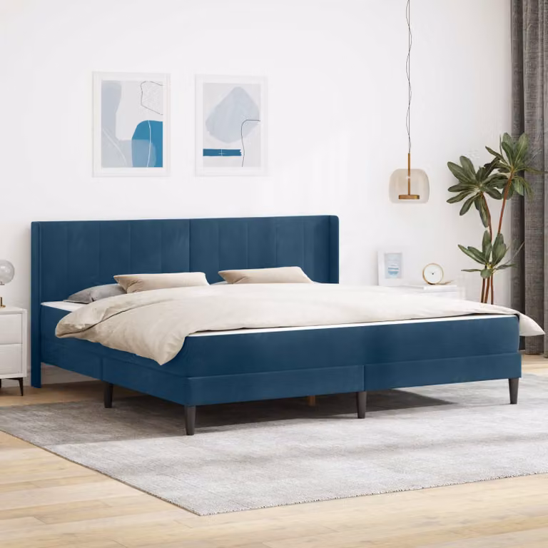 Letto matrimoniale con materasso vidaXL in velluto blu, L: 180 cm, P: 200 cm, H: 96 cm