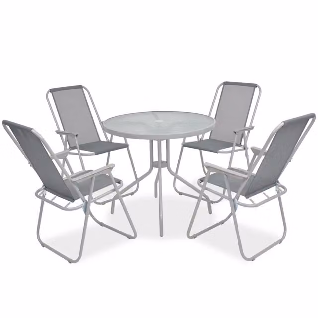 Set da Pranzo da Giardino Moderno in Acciaio Verniciato e Textilene Grigio con Tavolo Rotondo in Vetro, 6 Posti