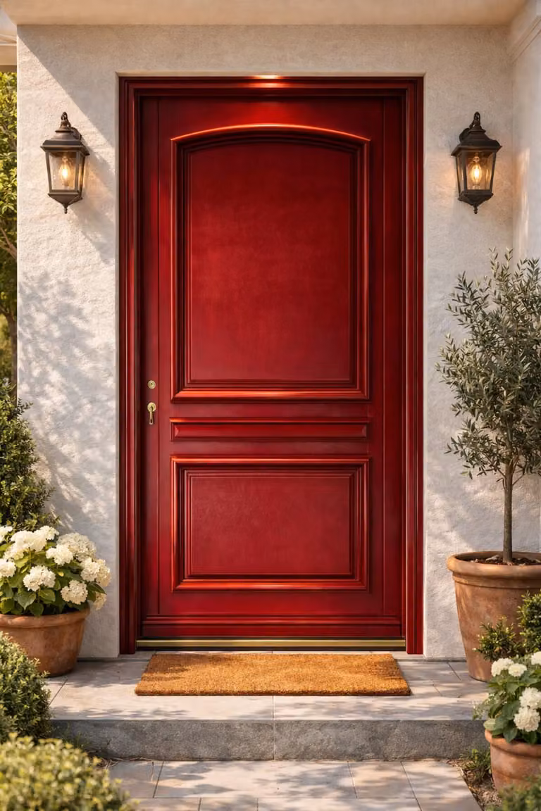 Porta d'ingresso in legno pieno con carena rossa porpora, H.215xL.90 cm, lato tavolo, p. dritto, maniglia, cilindro GD MENUISERIES