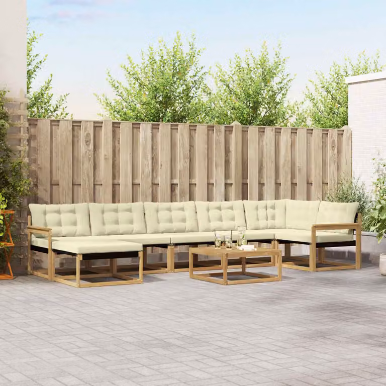 Set di divani da esterno vidaXL 8 pz in legno di acacia con tavolino e pouf, Bianco e Beige