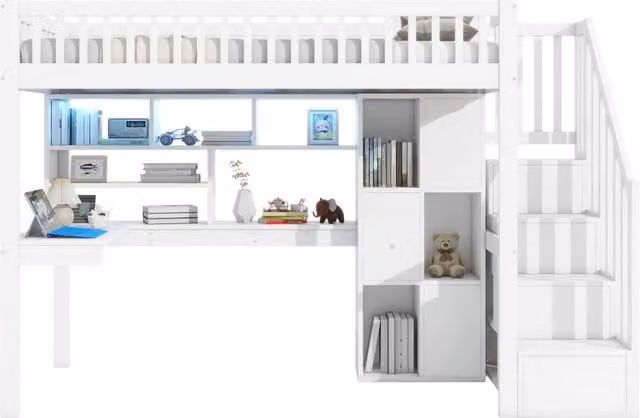Letto a soppalco singolo bianco con scala contenitore, scrivania, scaffali e illuminazione LED, dimensioni: L 200 cm x P 90 cm x H 165 cm
