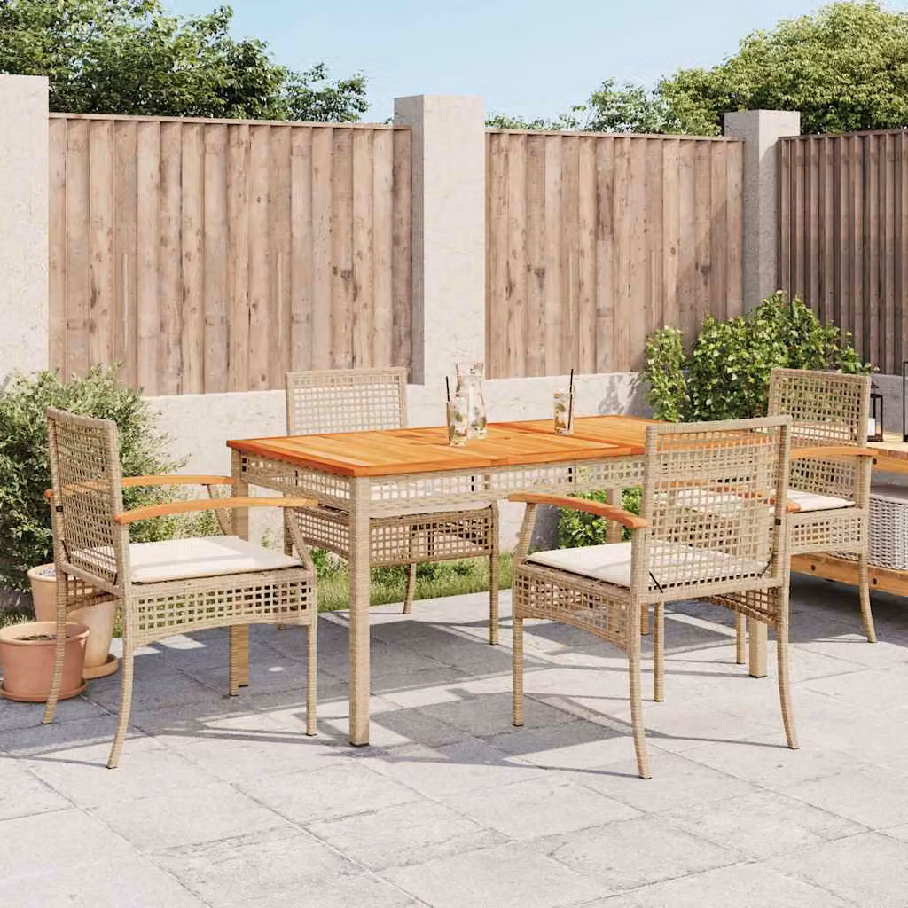Set da Pranzo da Giardino vidaXL in Polyrattan e Legno di Acacia con 5 Cuscini Beige e Bianchi