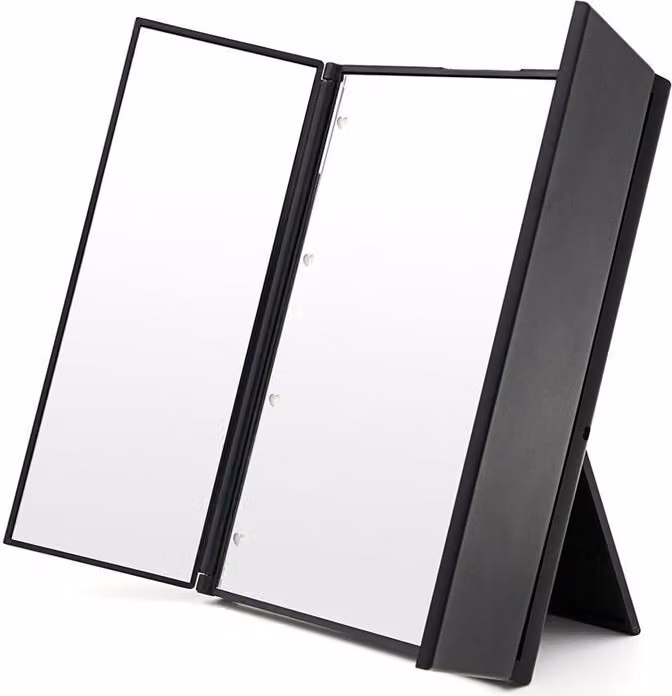 Specchio da trucco triplo UNIQ Vanity con luce a LED, specchio cosmetico ribaltabile, nero