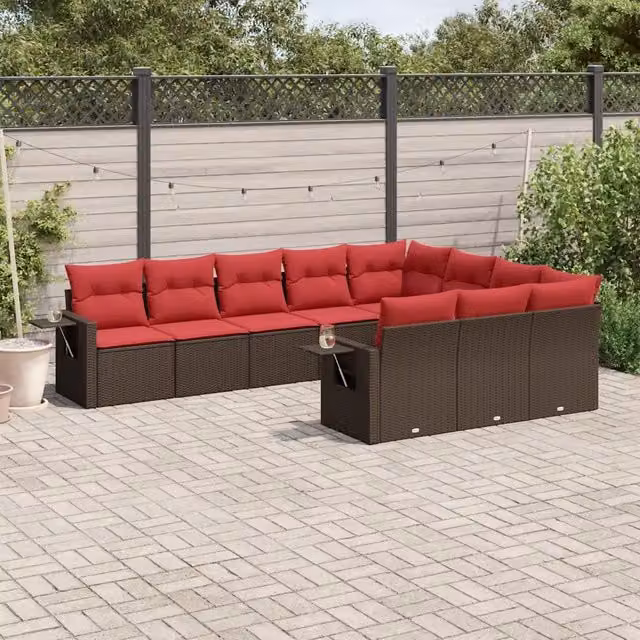Set Divani da Giardino 10 pz con Cuscini Marrone in Polyrattan 3220693
