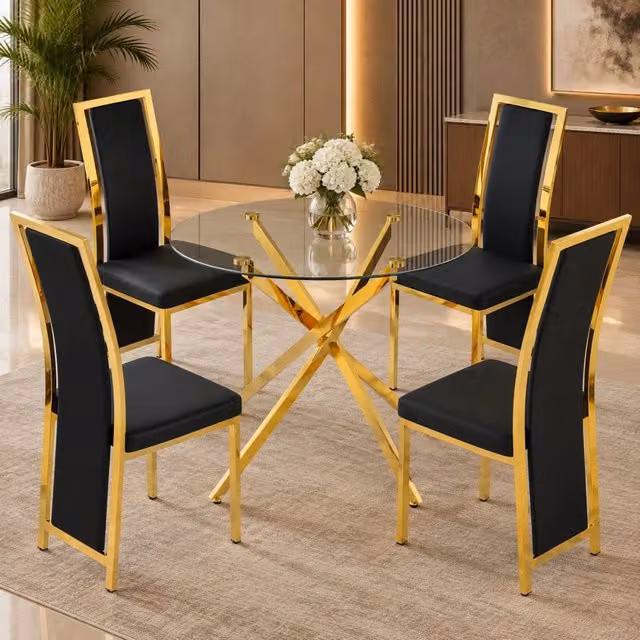 Set tavolo da pranzo rotondo e 4 sedie MIVRAY in vetro temperato trasparente e metallo dorato con sedute in PU nero, ideale per piccoli spazi