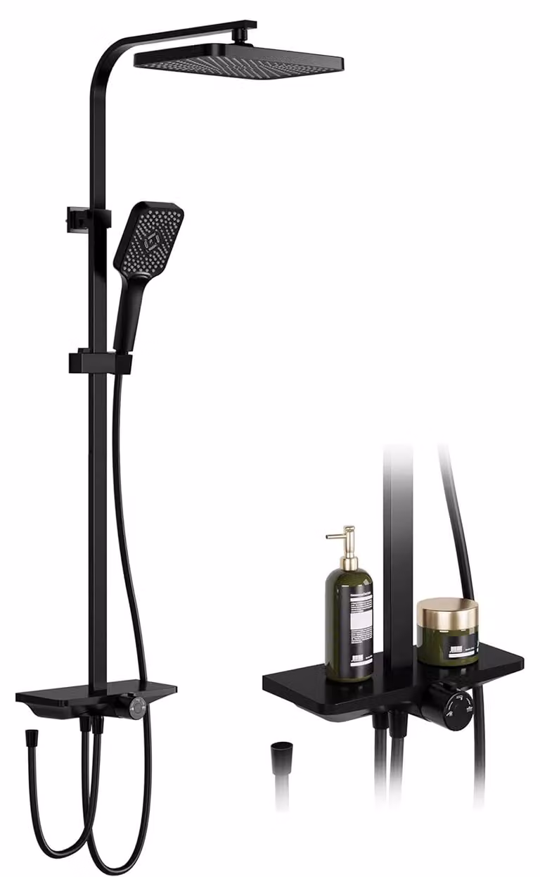 Doccia a pioggia nera, forma rotonda, tubo - Testa doccia a pioggia XL, 25x25 cm - Acciaio inossidabile - Colonna doccia regolabile