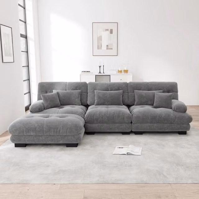 Divano modulare con ottomane mobili in ciniglia grigia 313×145×81 cm