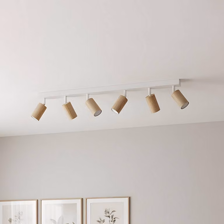 Faretto da soffitto Nisse, bianco, lunghezza 90 cm, a 5 luci, legno/metallo Nisse Luminex, dimmerabile, Bianco / Opale, Soggiorno / Sala da pranzo, Legno, Downlight
