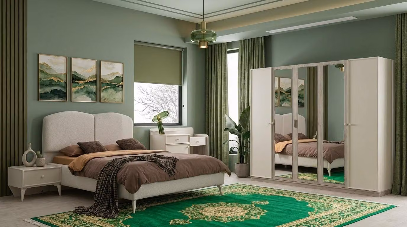 Set per camera da letto: armadio, letto, testiera, comodino, 2 comodini, design moderno