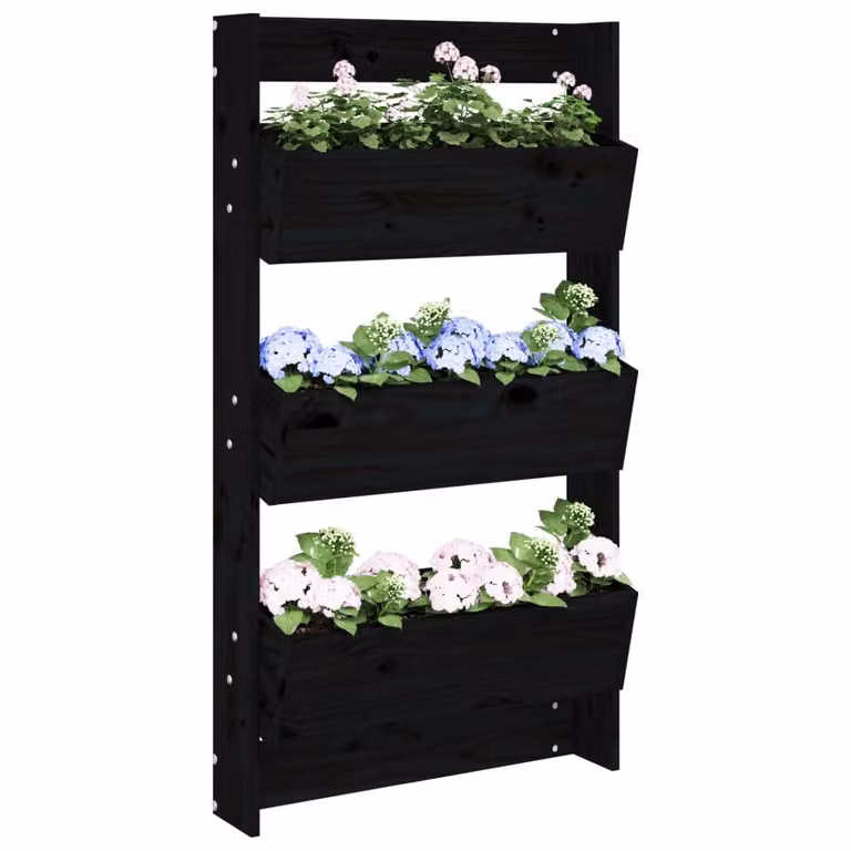 Fioriera a muro vidaXL con 3 ripiani in legno di pino massello, colore nero, L 60 cm x P 18,5 cm x H 110 cm