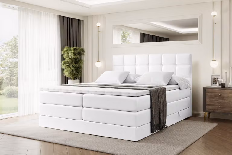 Letto boxspring ALTDECOR con materasso e rete a doghe - BRUGO KING - 120x200 cm - Pelle finta bianca - Topper, letto imbottito con contenitore, letto con vano portaoggetti H3 e H4 - Materasso, letto matrimoniale, letto boxspring