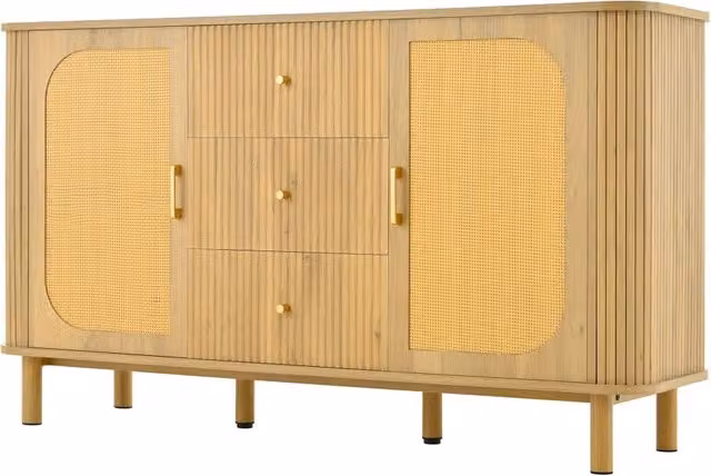 Sideboard moderno in MDF effetto legno con ante in rattan e gambe in metallo, 140x40x80 cm