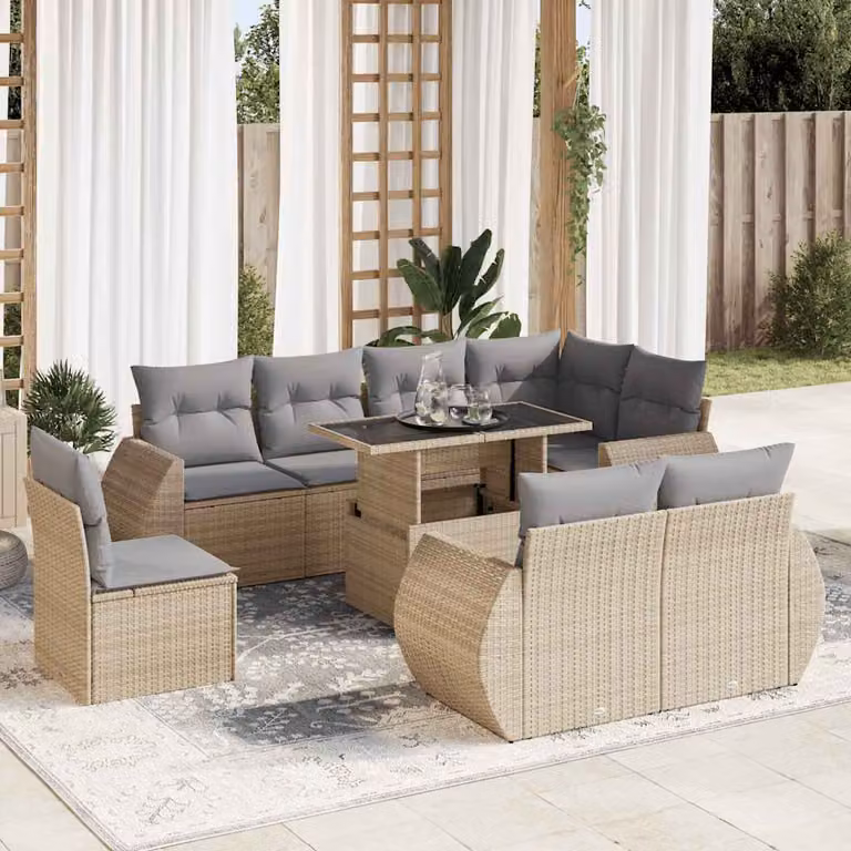 vidaXL Set Divano da Giardino 9 pz a forma di U con Cuscini Beige e Tavolino in Polyrattan e Acciaio