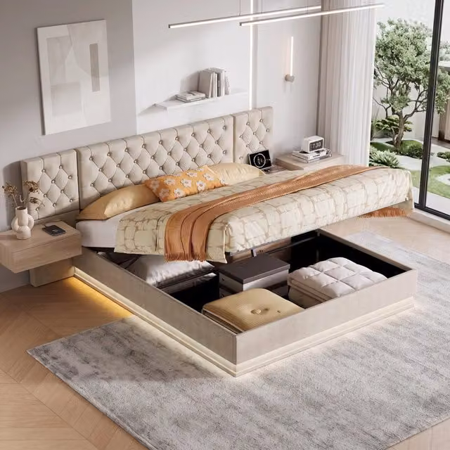 Letto matrimoniale 160x200 cm con contenitore LED USB ricarica wireless testiera con mensole rete a doghe legno metallo lino - beige