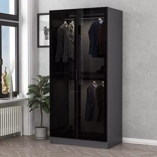 Armadio da camera da letto moderno DMORA con 2 ante, appendiabiti e ripiani interni, colore nero antracite, L: 90 cm, H: 210 cm – 1