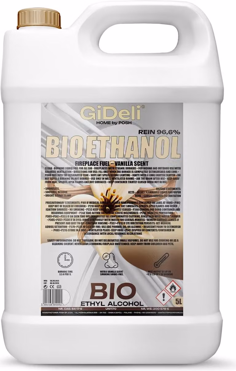 Bioetanolo profumato alla vaniglia 96,6% 5L per caminetti Universale Senza fumo Senza fuliggine GiDeli