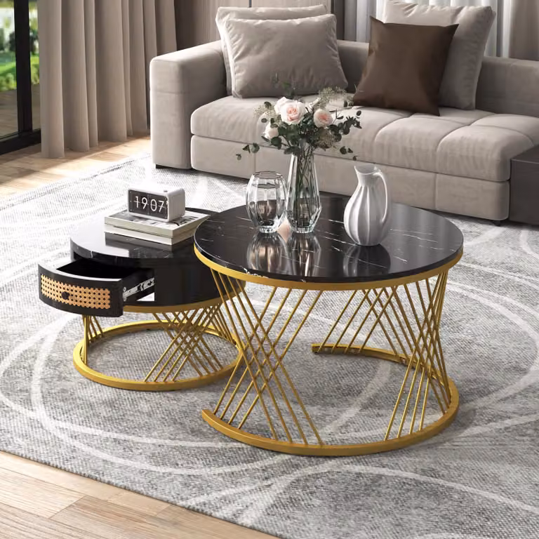 Set di 2 tavolini da caffè rotondi con piano in marmo e cassetti in rattan, nero