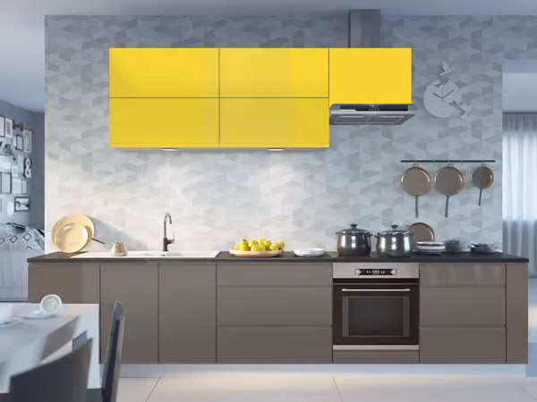 Mobile cucina laccato Mobile cucina bianco / RAL 1016 giallo zolfo RAL 7039 grigio quarzo laccato lucido
