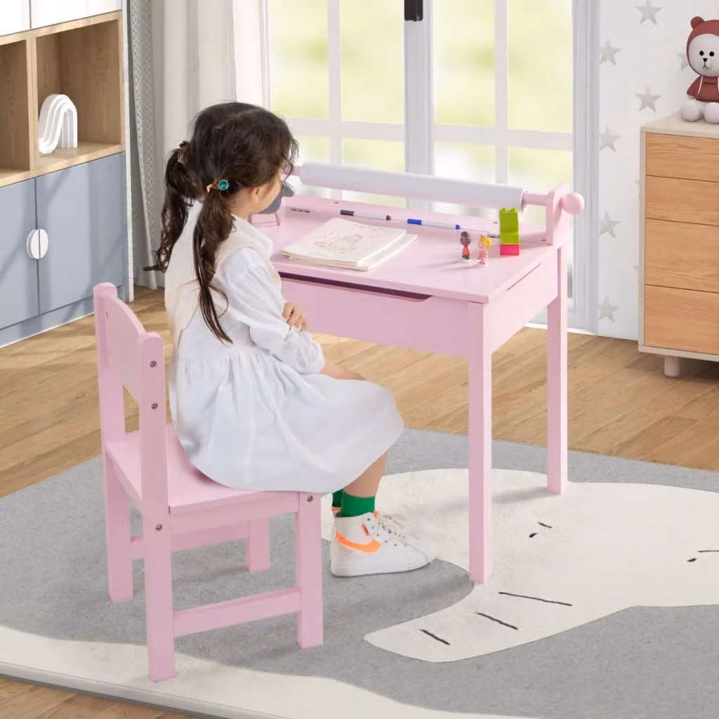 Set di tavolino e sedia Design Mania per bambini in legno di pino rosa con vano portaoggetti e piano inclinabile – 2