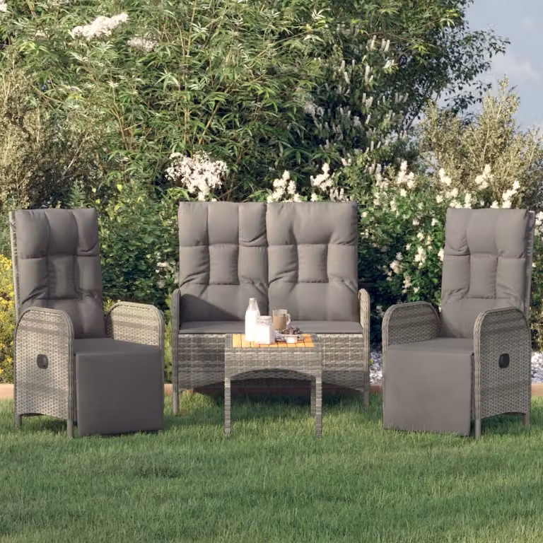 The Living Store Set da pranzo da giardino 4 pezzi con cuscini in poly rattan grigio