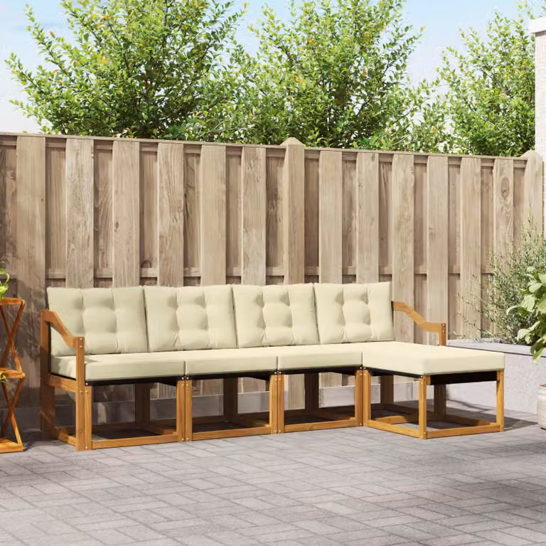 Set di divani da esterno vidaXL a forma di L in legno di acacia con pouf e cuscini, Colore Beige, Bianco e Marrone