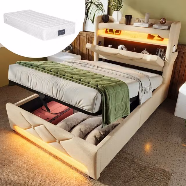 Letto Singolo Imbottito con Contenitore Idraulico e LED ¨C MINIMAL ¨C Beige, 90x200