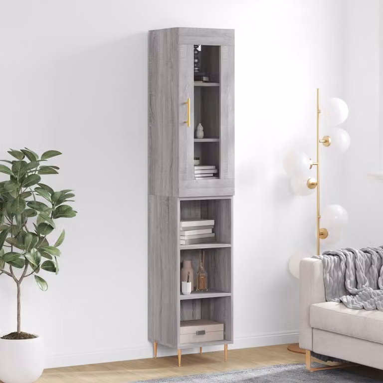 Credenza moderna vidaXL in legno e vetro, Grigio, L: 34,5 cm, P: 34 cm, H: 180 cm
