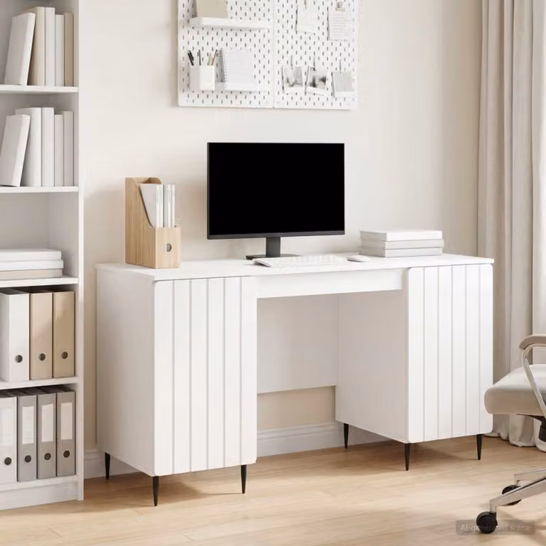 Scrivania moderna vidaXL Bianco Lucido in MDF e metallo L: 142,5 cm, P: 50 cm, H: 75 cm