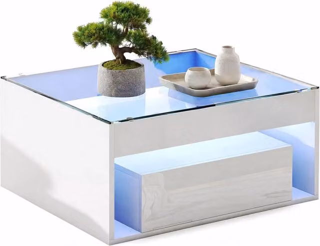 Tavolino da caffè REDOM moderno in MDF bianco lucido e vetro temperato trasparente L/P/H: 70 x 70 x 35 cm – 1