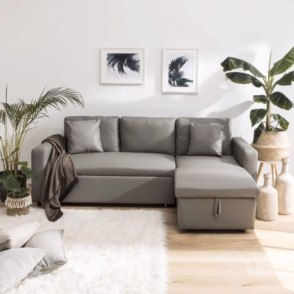 Divano letto angolare CLARK a 3 posti reversibile in ecopelle con contenitore, L/P/H: 225 x 146 x 85 cm, disponibile in beige o grigio – 2