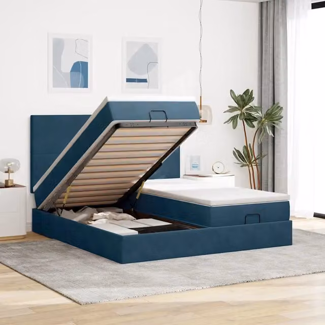 Letto con contenitore a sollevamento vidaXL in velluto blu e bianco, L/P/H: 203 x 160 x 128 cm