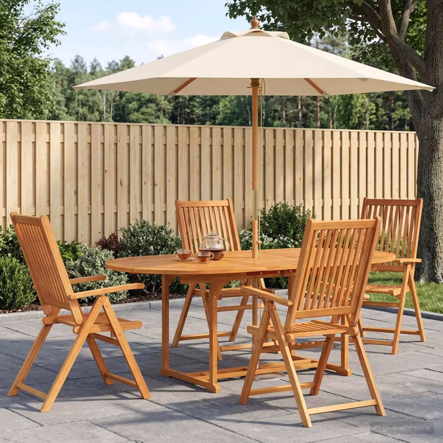 Set da pranzo da esterno vidaXL in legno di acacia con ombrellone, 6 pezzi per 4 persone, marrone