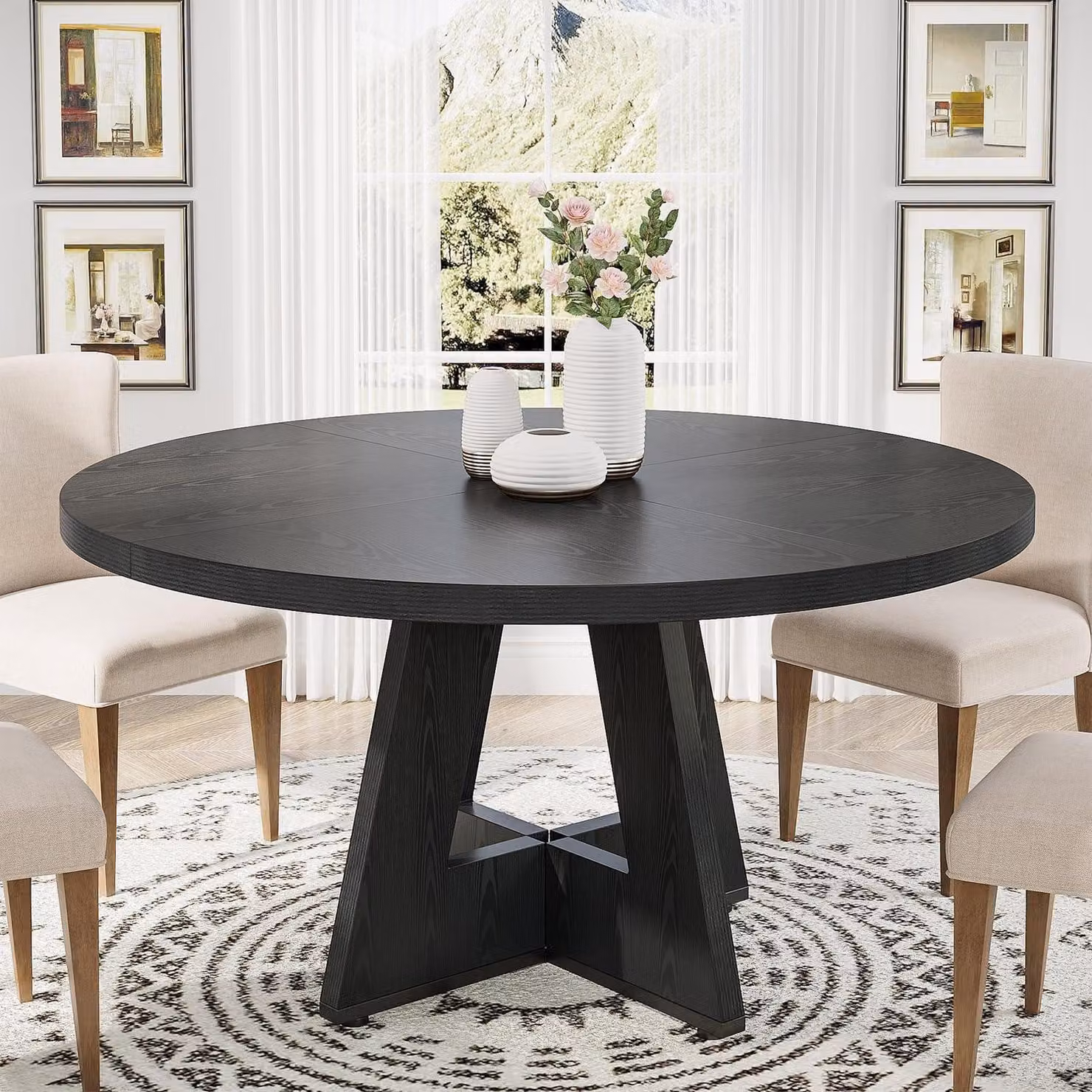 Tavolo rotondo da pranzo in legno, nero, stile rustico, per 4 persone, diametro 119,4 cm