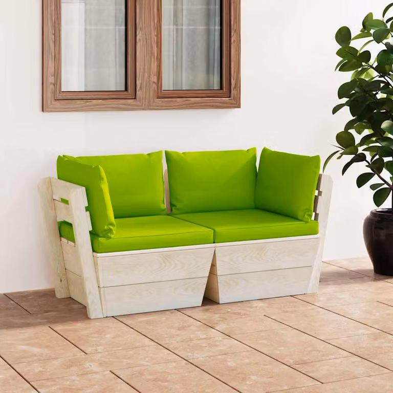 vidaXL Divano da Giardino a 2 Posti a Forma di L in Legno di Pino con Cuscini Verdi
