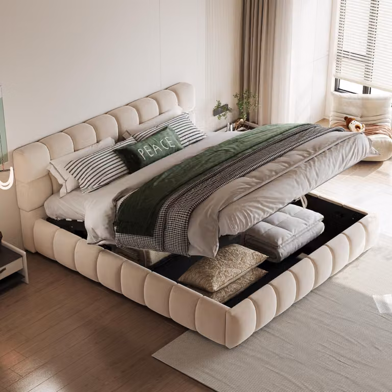 Letto imbottito idraulico Flieks 140x190cm con contenitore, letto matrimoniale letto per ragazzi letto contenitore con rete a doghe, velluto, beige