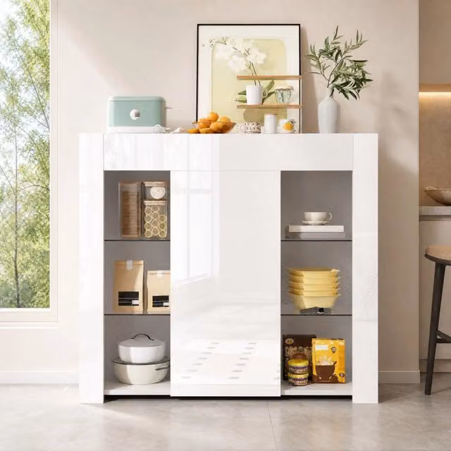 Credenza moderna bianca opaca con ripiani in vetro trasparente in MDF, L: 95 cm, P: 35 cm, H: 83 cm