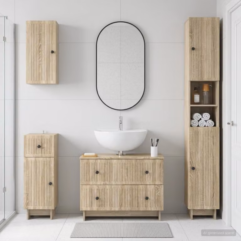 Set di mobili da bagno moderno vidaXL EDE composto da 4 pezzi in legno color rovere sonoma marrone con base lavabo e pensili a muro