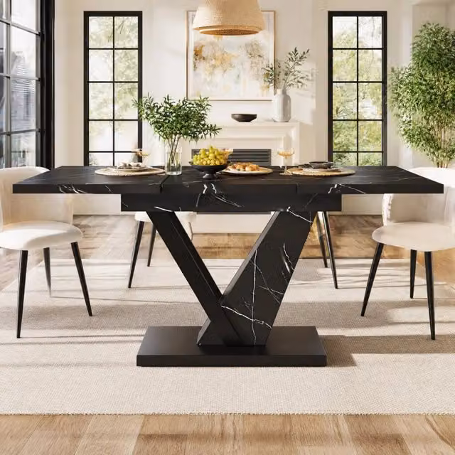 Tavolo da Pranzo Estensibile 120-160x75 cm con Piano in MDF Effetto Marmo Nero e Gambe in Metallo