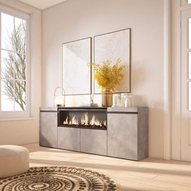 Credenza, Mobile, 208x35x75cm, 4 Porte, Camino elettrico XXL, grigio cemento RF3232