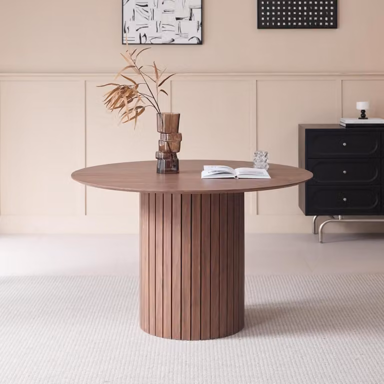 Tavolo rotondo da pranzo, diametro 120 cm, color marrone scuro, struttura in metallo, stile rustico, adatto per 4-6 persone