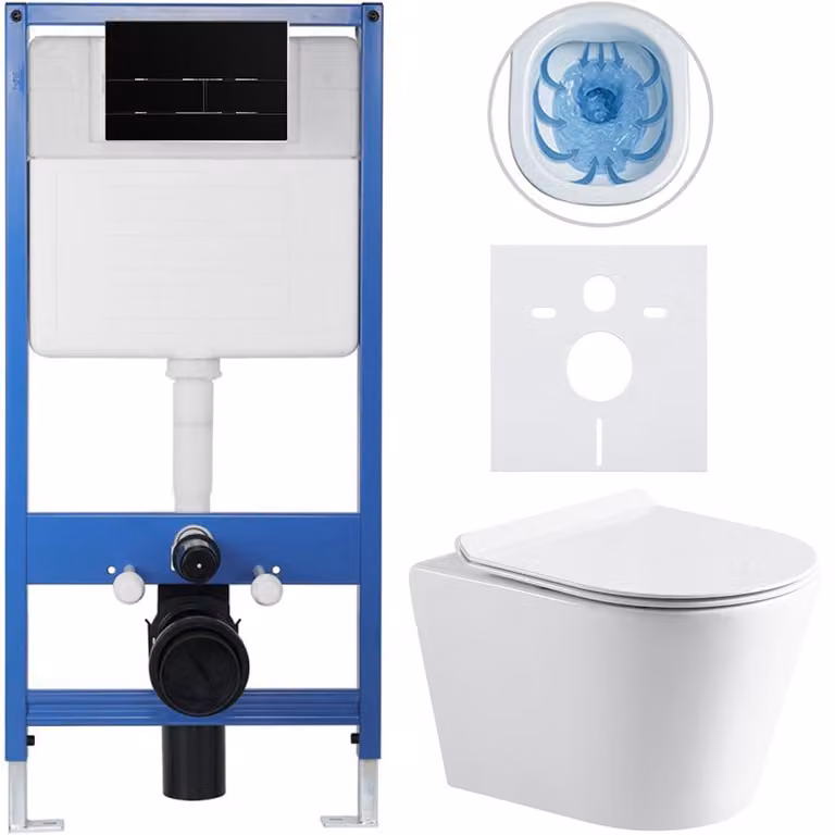 CERANO - Set completo per WC da incasso Lite/Norbi - bianco lucido - pulsante per WC Line, nero opaco - installazione a parete - 48,5x36,5 cm