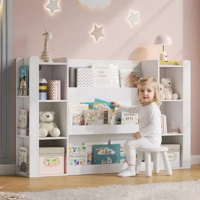 Scaffale per bambini con vano portaoggetti, libreria e armadietto in legno bianco 140x30x95 cm