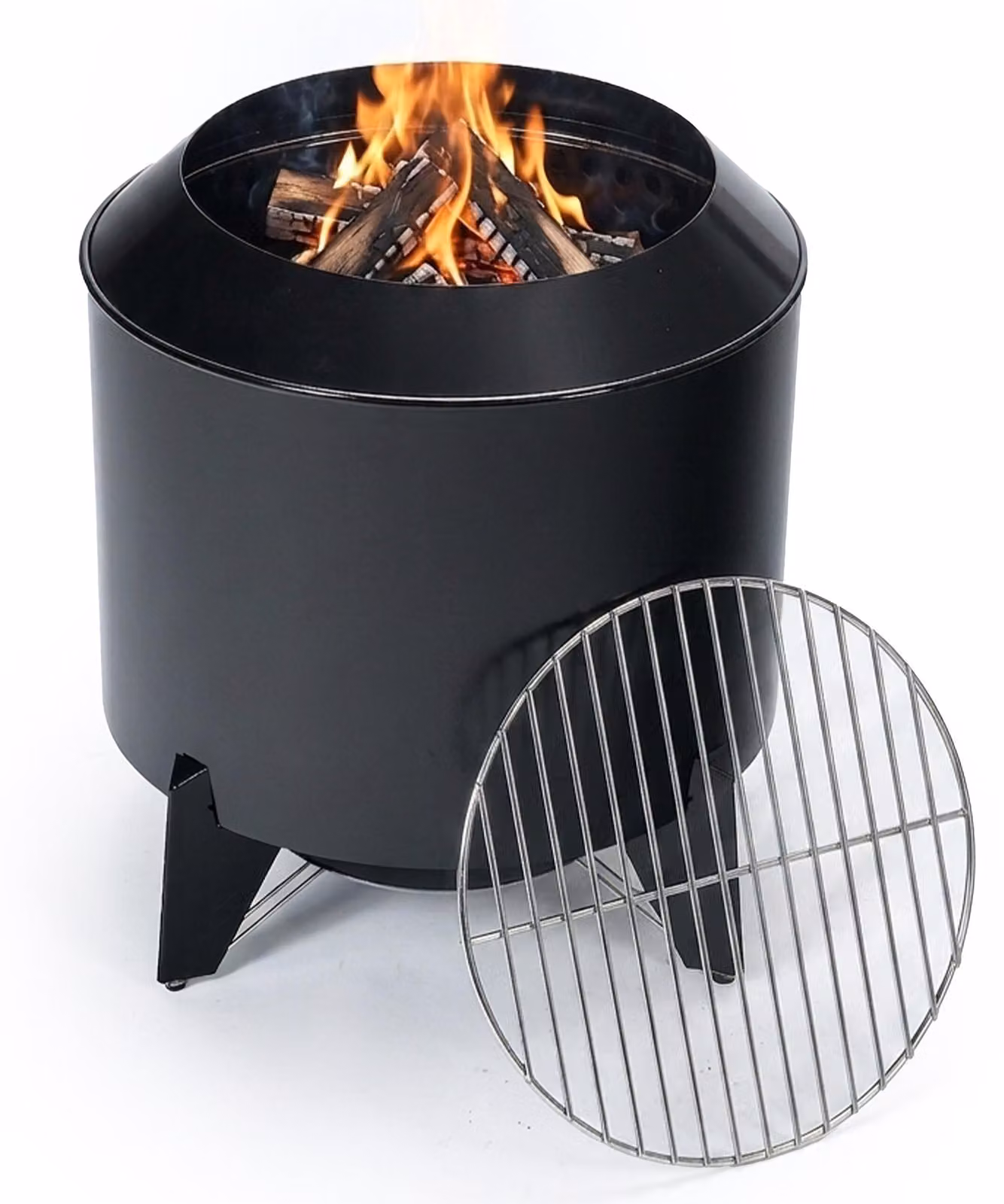 Relaxdays Braciere senza fumo, 2 in 1 con griglia, acciaio, HxØ: 46x52 cm, smaltato, focolare a bassa emissione di fumo, nero