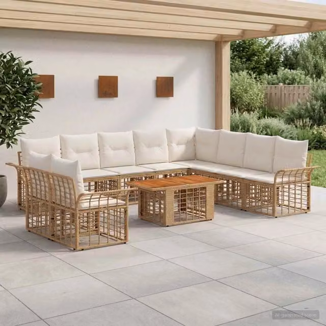 Set Divano da Giardino 11 pz Naturale e Bianco Crema polyrattan 3437994